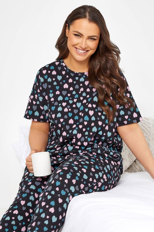 YOURS Plus Size Black Heart Print Sleep Tee Pyjama Top | Yours Clothing 5