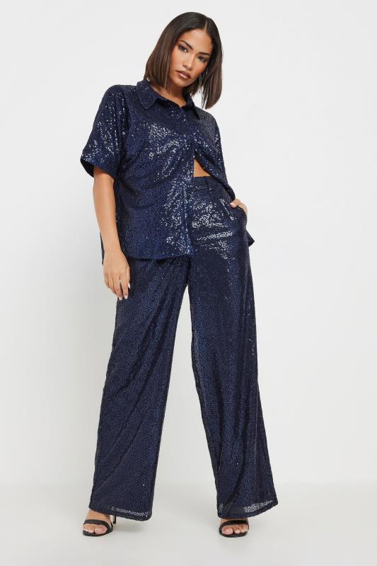 PixieGirl Petite Women's Navy Blue Sequin Embellished Short Sleeve Shirt | PixieGirl 5
