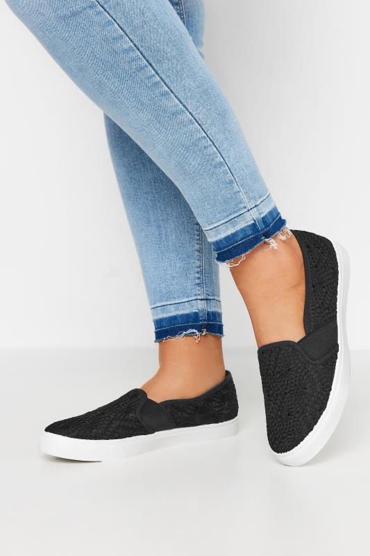 Plus Size  Black Broderie Anglaise Slip-On Trainers In Wide E Fit
