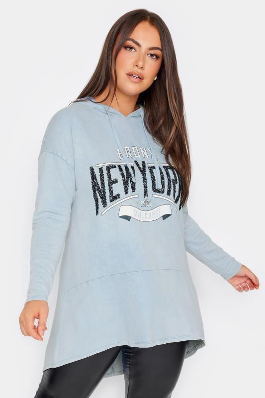 YOURS Plus Size Light Blue 'New York' Slogan Acid Wash Hoodie | Yours Clothing 1