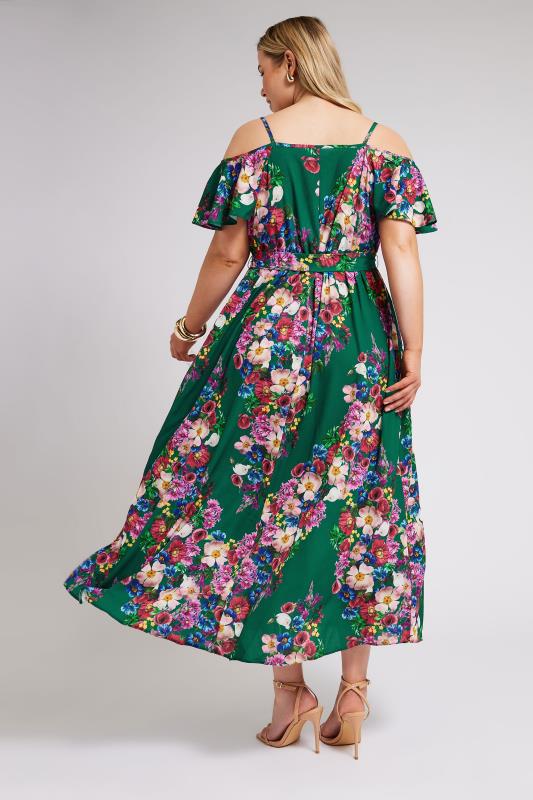 YOURS LONDON Plus Size Green Floral Print Cold Shoulder Wrap Dress | Yours Clothing 3