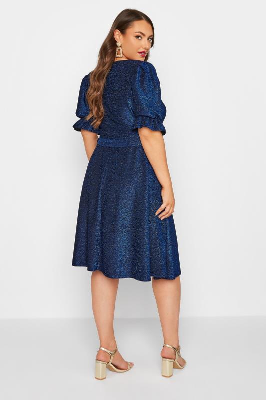 YOURS LONDON Plus Size Blue Glitter Puff Sleeve Midi Dress | Yours Clothing 3