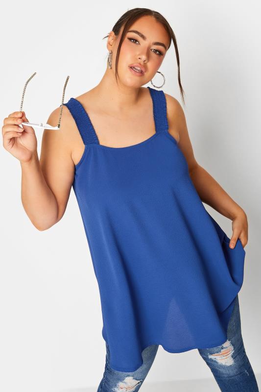 LIMITED COLLECTION Plus Size Blue Shirred Strap Cami Vest Top | Yours Clothing 1
