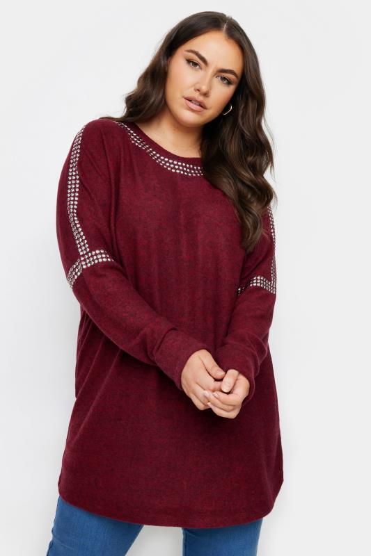 YOURS Plus Size Red Stud Sleeve Embellished Jumper | Yours Clothing 1