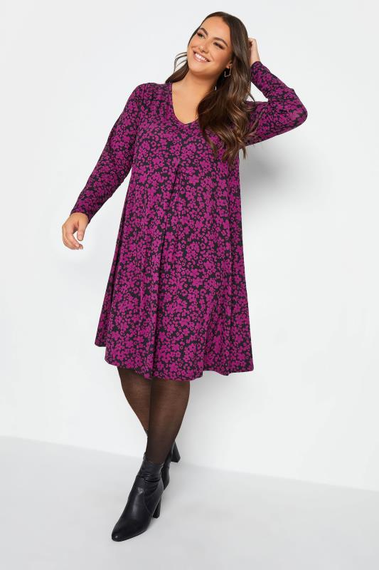YOURS Curve Plus Size Black & Purple Floral Mini Dress | Yours Clothing  2