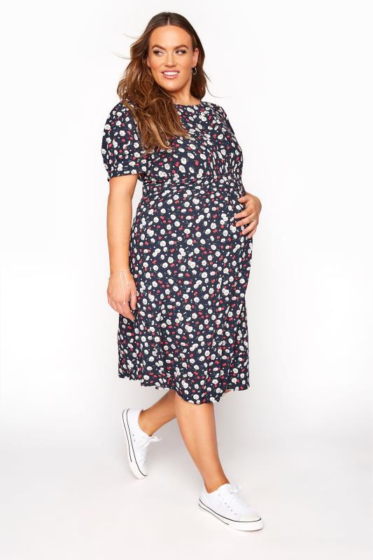  Grande Taille BUMP IT UP MATERNITY Navy Floral Puff Sleeve Midi Dress