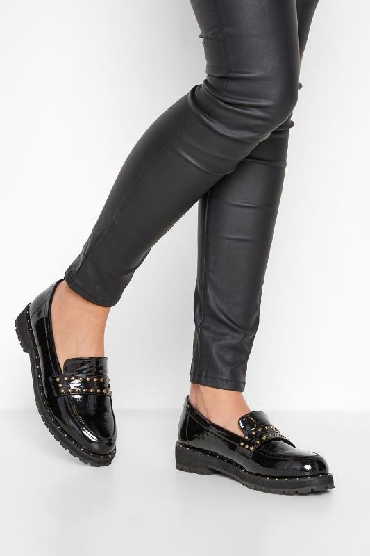 LTS Black Patent Studded Loafers In Standard Fit | Long Tall Sally 1