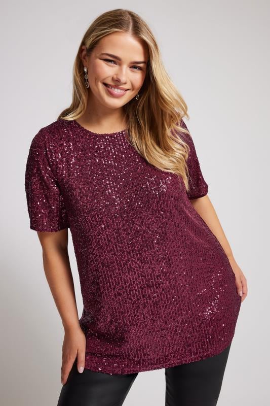 YOURS LONDON Plus Size Burgundy Red Sequin Swing Top | Yours Clothing 1