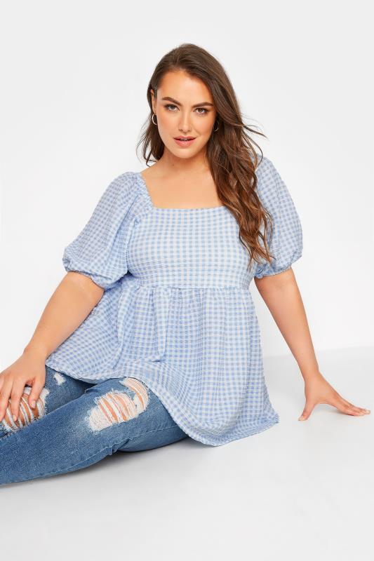 LIMITED COLLECTION Curve Light Blue Gingham Milkmaid Top_A.jpg