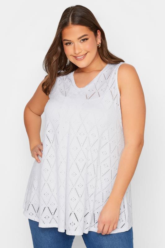 YOURS Plus Size White Broderie Anglaise Swing Vest Top | Yours Clothing 1