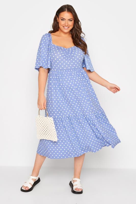Plus Size Blue Polka Dot Print Square Neck Midaxi Dress | Yours Clothing 2