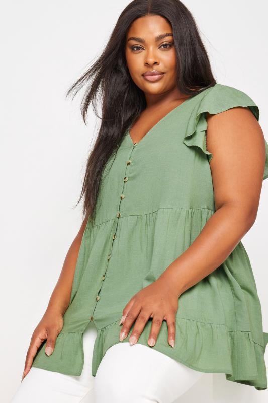 YOURS Plus Size Sage Green Tiered Linen Blouse | Yours Clothing 5