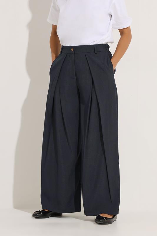 PixieGirl Petite Women's Navy Blue Wrap Pleated Wide Leg Trousers | PixieGirl 1