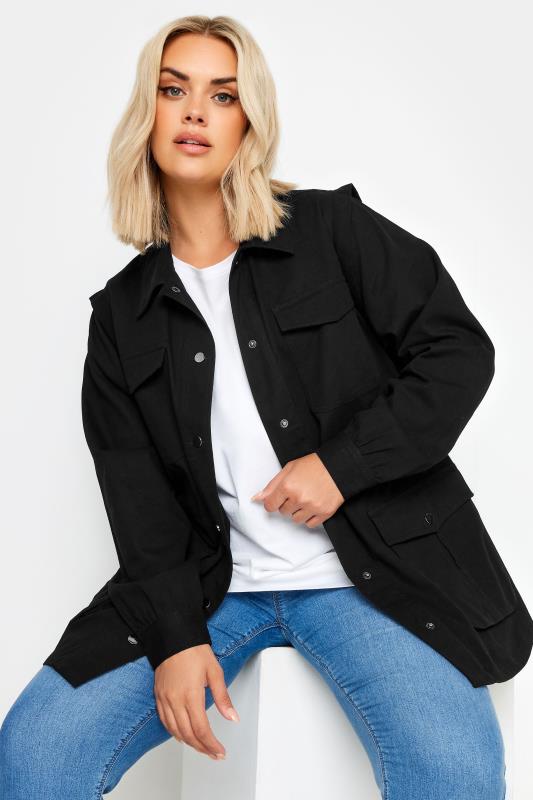 YOURS Plus Size Black Cotton Twill Utility Jacket | Yours Clothing 1