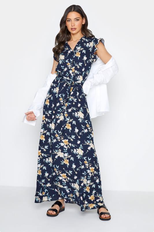 LTS Tall Navy Blue Floral Print Frill Maxi Dress_B.jpg