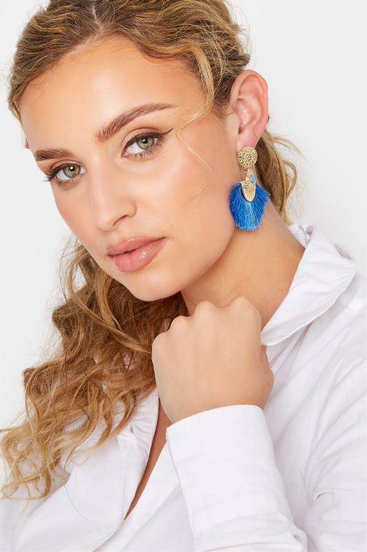 Gold & Blue Fan Tassel Earrings 2