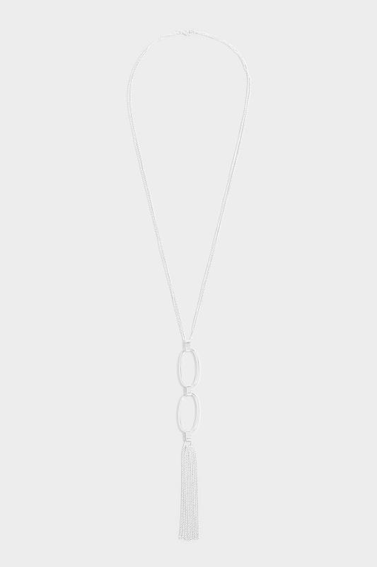 Silver Tone Oval Tassel Pendant Long Necklace 1