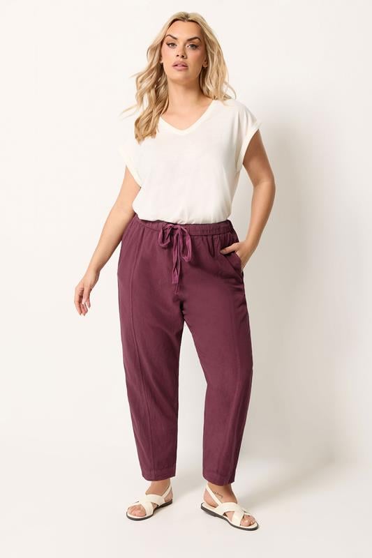 YOURS Plus Size Burgundy Red Cool Cotton Barrel Leg Denim Trousers | Yours Clothing 1