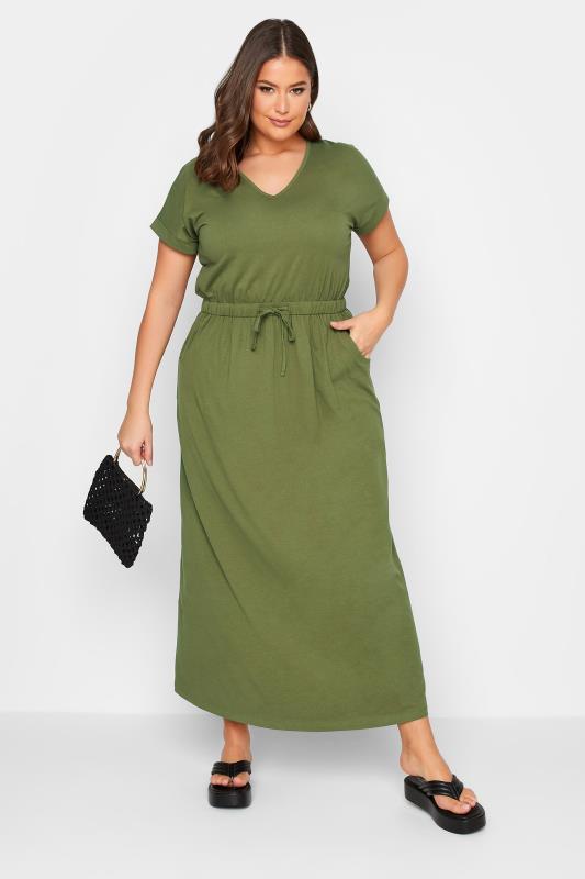 YOURS Plus Size Khaki Green Maxi T-Shirt Dress | Yours Clothing 1