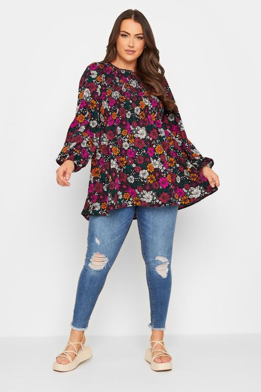 Plus Size Black Floral Print Shirred Top | Yours Clothing 2