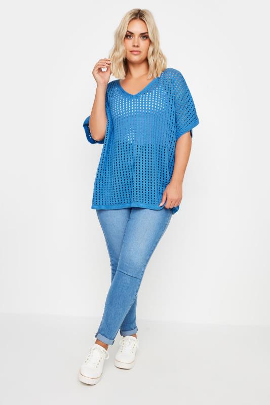 YOURS Plus Size Blue Crochet Short Sleeve Top | Yours Clothing 2