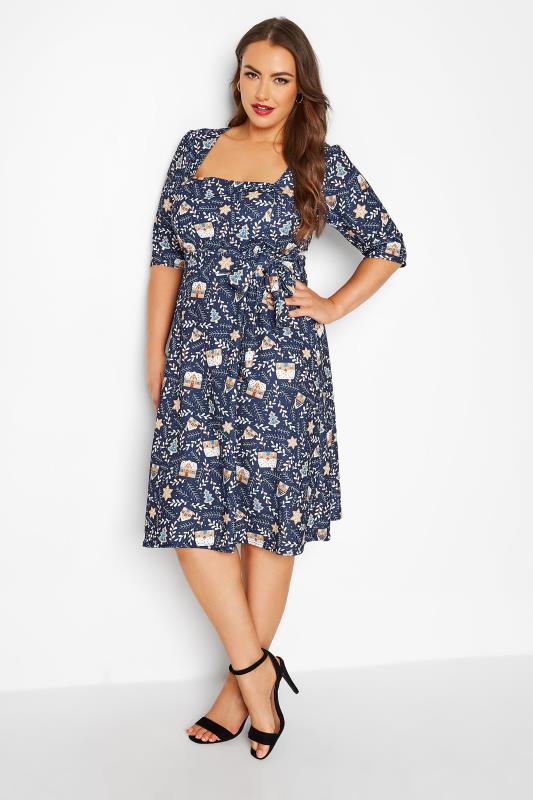 YOURS LONDON Curve Navy Blue Gingerbread Print Square Neck Christmas Dress 2