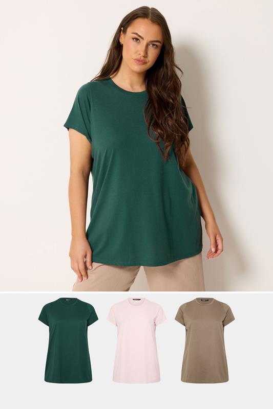 YOURSET 3 PACK Plus Size Mocha Brown & Pink Core T-Shirts | Yours Clothing 1