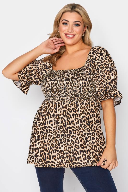 LIMITED COLLECTION Plus Size Beige Brown Leopard Print Shirred Peplum Top | Yours Clothing 1