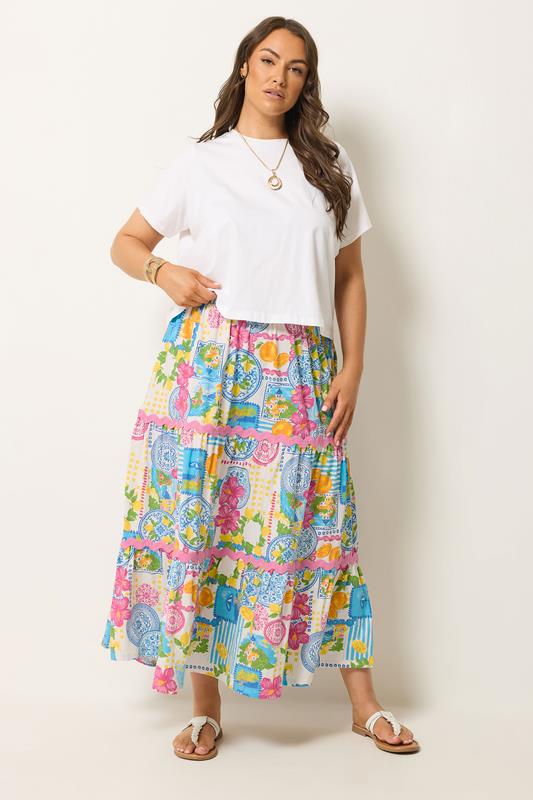  YOURS Curve White Tile Print Tiered Maxi Skirt