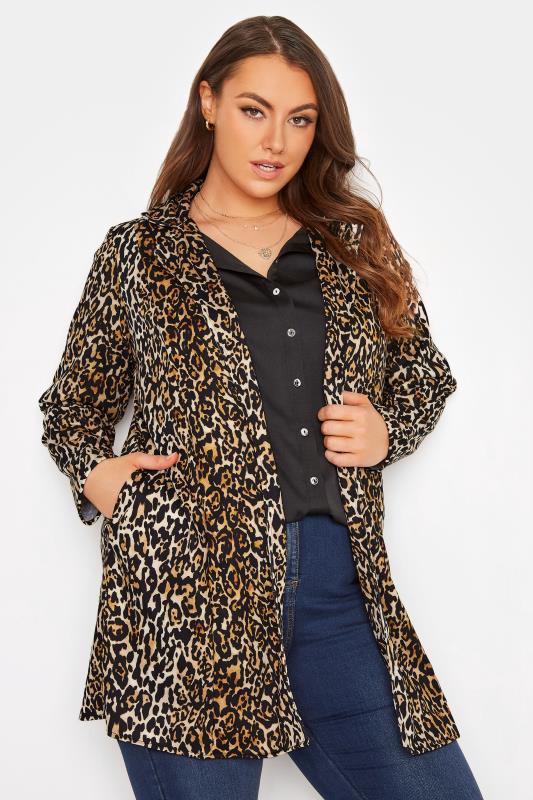 Plus Size  Curve Brown Leopard Print Longline Blazer