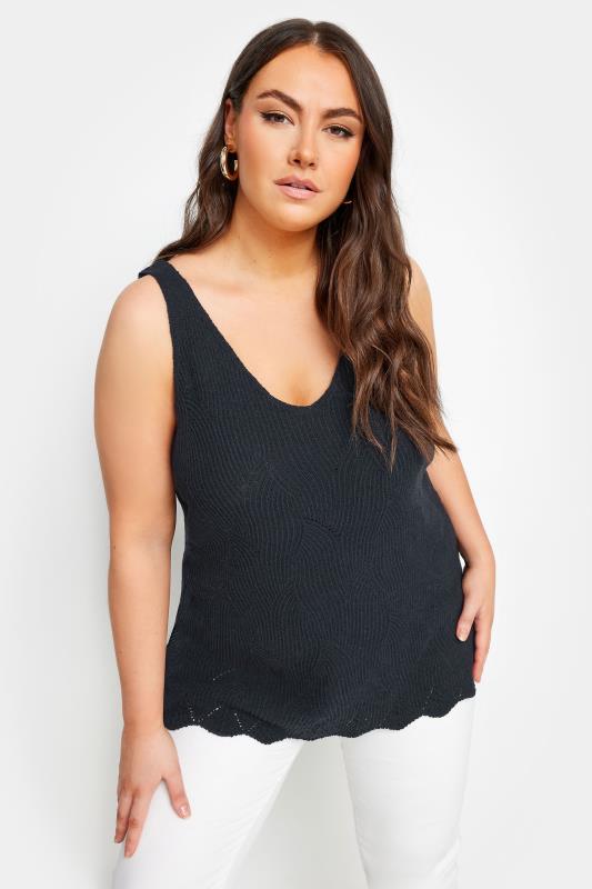 YOURS Plus Size Black Scallop Hem Knitted Vest Top | Yours Clothing 1
