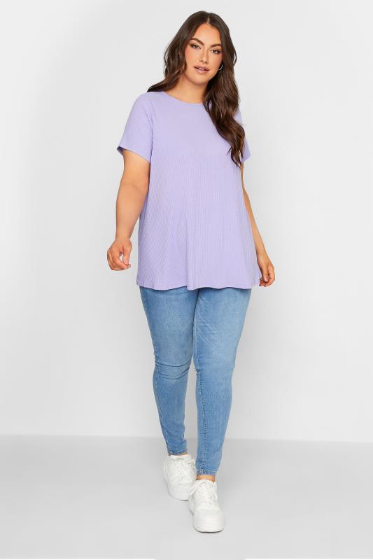 2 PACK Plus Size White & Lilac Ribbed Swing T-Shirts | Yours Clothing 3