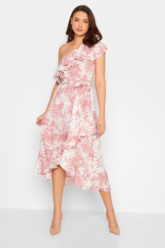 LTS Tall Women's Pink Leaf Print One Shoulder Frill Dress | Long Tall Sally  1