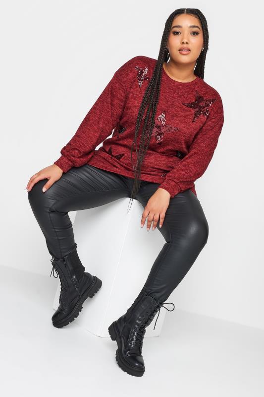 YOURS LUXURY Plus Size Red Sequin Star Print Jumper | Yours Clothing 2