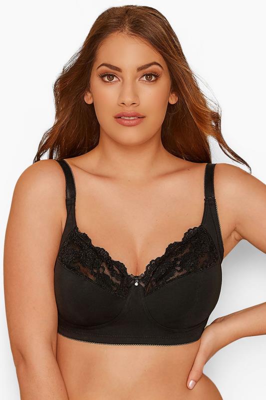  Tallas Grandes Black Non-Wired Cotton Bra With Lace Trim - Available In Sizes 38C - 50J
