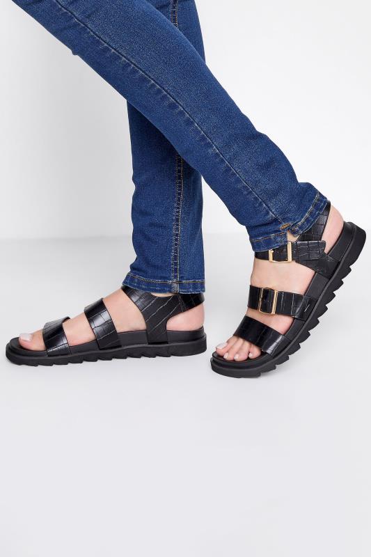 LTS Black Croc Buckle Strap Sandals In Standard Fit | Long Tall Sally  1
