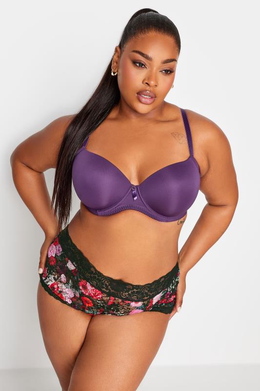 YOURS 2 PACK Plus Size Black & Purple Floral Print Padded T-Shirt Bras | Yours Clothing 5