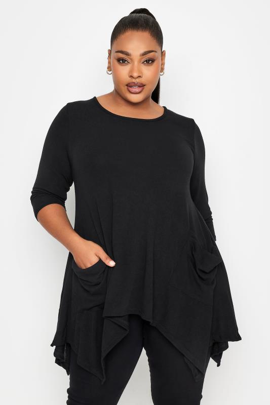 YOURS Plus Size Black Hanky Hem Pocket Top | Yours Clothing