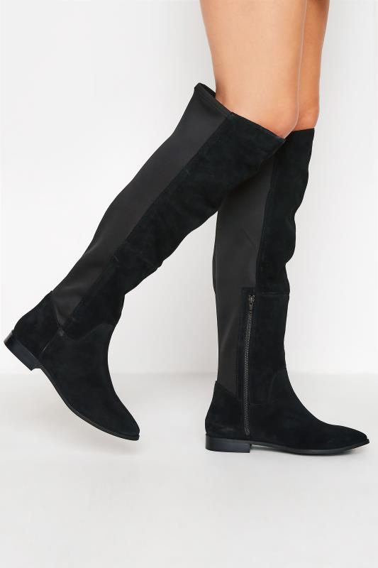 LTS Black Suede Stretch Knee High Boots In Standard D Fit 2