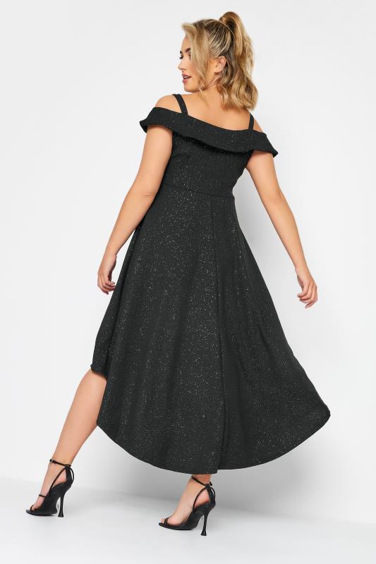 YOURS LONDON Plus Size Curve Black Glitter Bardot High Low Midi Bridesmaid Dress | Yours Clothing 3