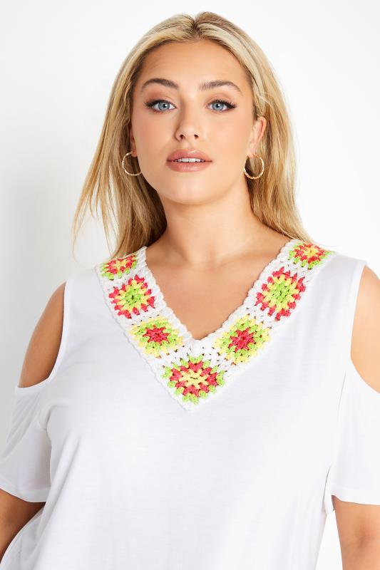 Plus Size White Crochet Neckline Cold Shoulder Top | Yours Clothing 4