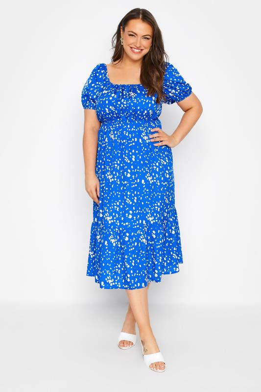 Plus Size  Curve Blue Dalmatian Print Square Neck Midaxi Dress