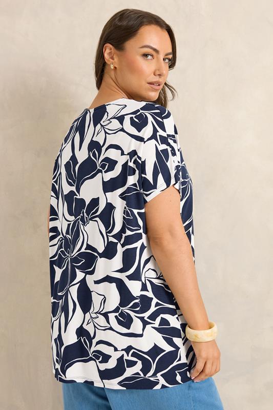 EVANS Curve Navy Blue Abstract Floral Grown-On Sleeve Top | Evans 2