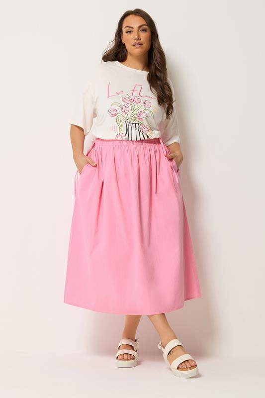 YOURS Plus Size Pink Poplin Midi Skirt | Yours Clothing 1