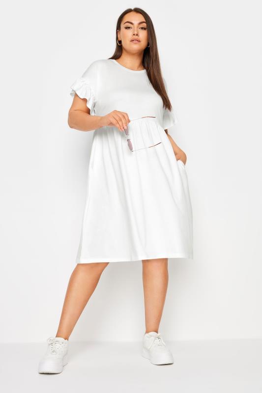 Plus Size  YOURS Curve White Frill Sleeve Smock Dress