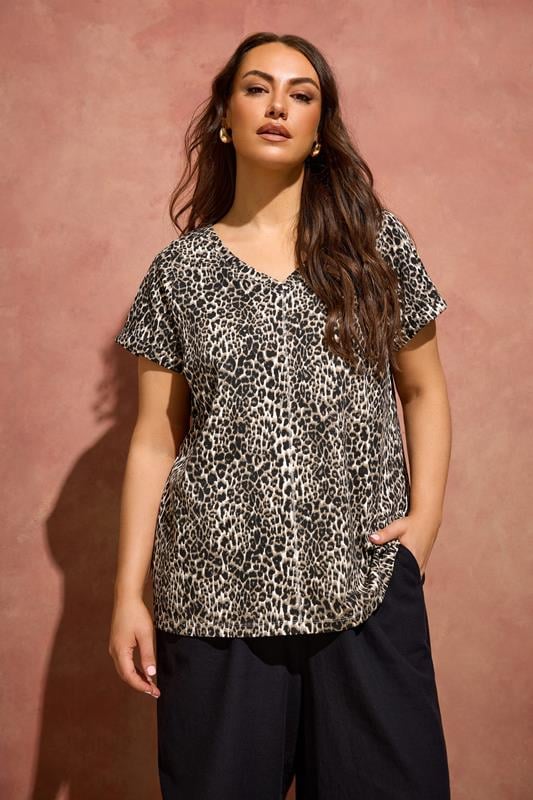  EVANS T-shirt à col en V en coton naturel à imprimé animal