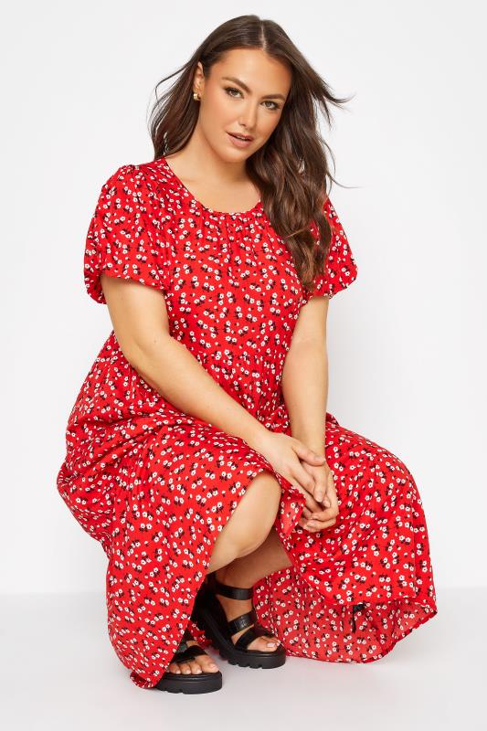 Curve Red Ditsy Print Tiered Smock Midaxi Dress 4