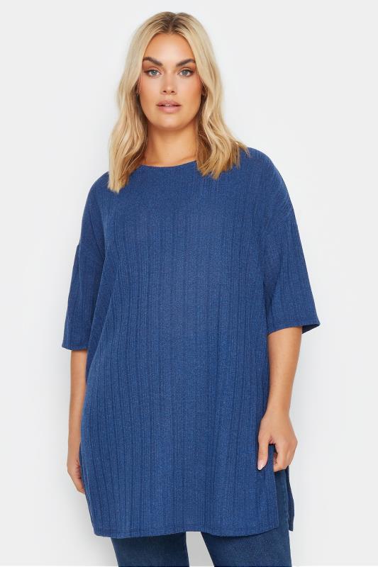 YOURS Plus Size Blue Textured Oversized Top | Yours Clothing 1