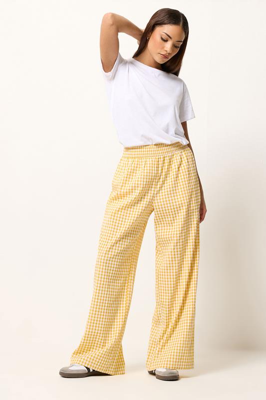 PixieGirl Petite Women's Yellow Gingham Wide Leg Trousers | PixieGirl 1