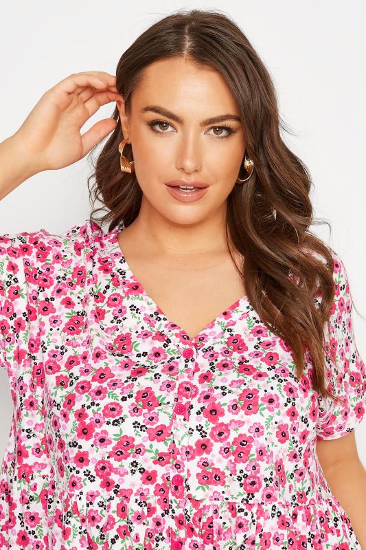Plus Size Pink Floral Print Button Through Smock Top | Yours Clothing  4